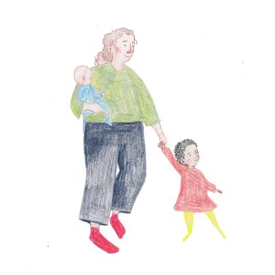 An illustration of a grown up, baby and toddler walking into a music class An illustration of a grown up, baby and toddler walking into a music class