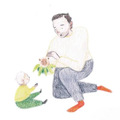 An illustration of a dad and baby playing an instrument